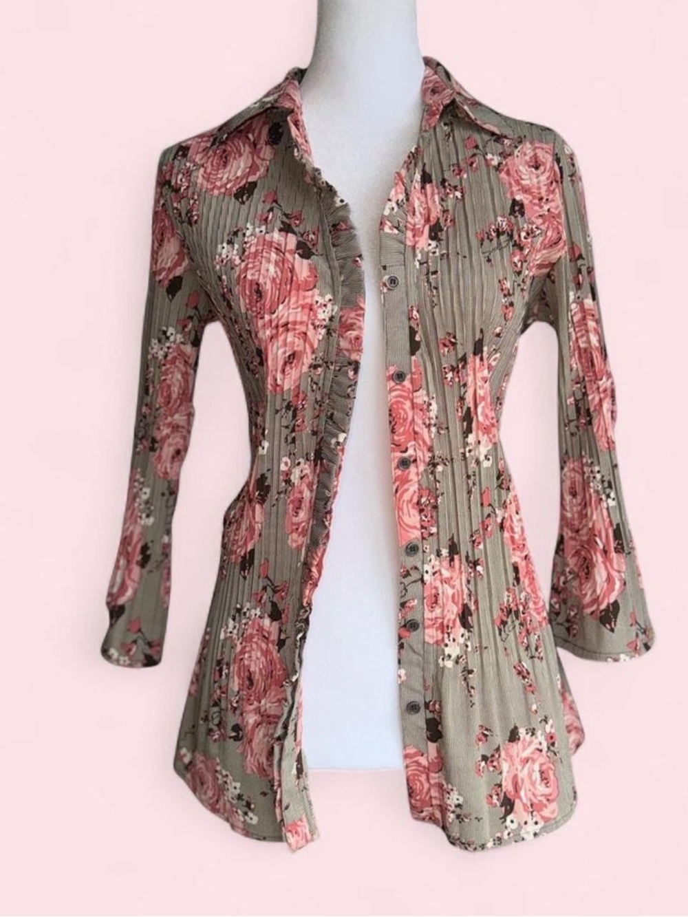 Fred David Taupe Button-Front Top with Pink Rose Print